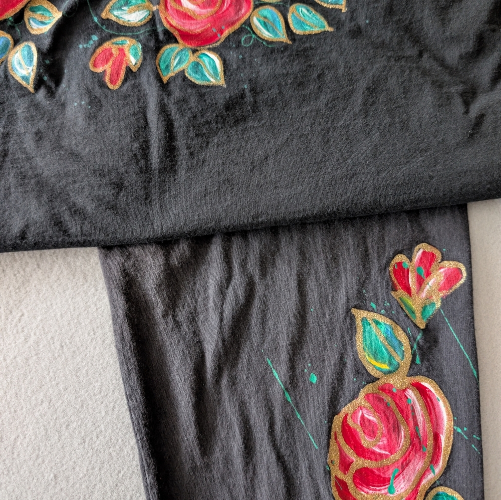 Vintage Cotton Pants Handpainted Floral Rose Black Jogger Artsy Chic Teacher - Picture 10 of 12
